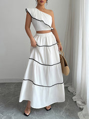 Elasticity Sleeveless Pleated One-Shoulder Vest Top + A-Line Skirts Bottom Two Pieces Set