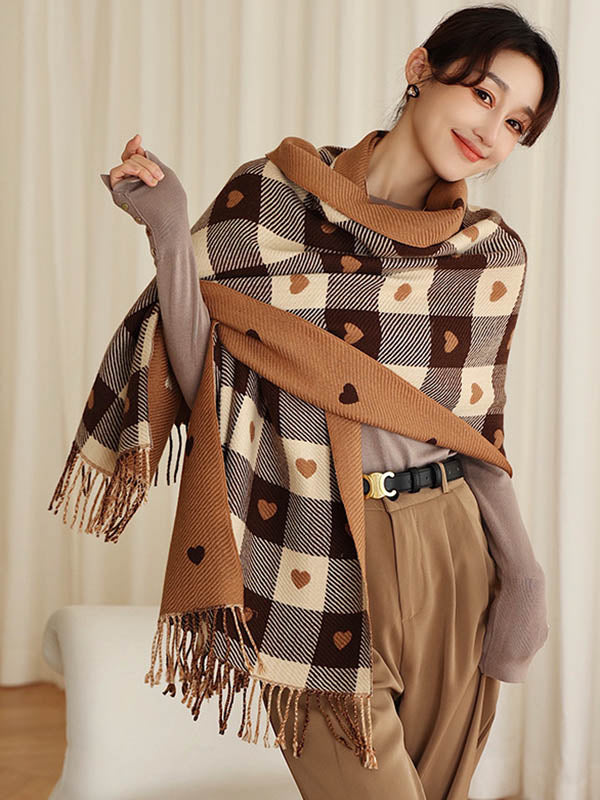 Casual Contrast Color Heart Plaid Jacquard Shawl&Scarf