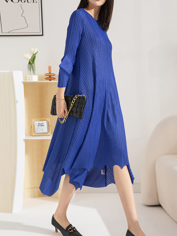 Pleated Solid Color Irregular clipping Loose Round-neck Midi Dresses