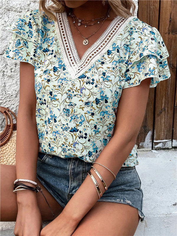 Falbala Floral Printed Split-Joint Loose Petal Sleeves V-Neck T-Shirts Tops
