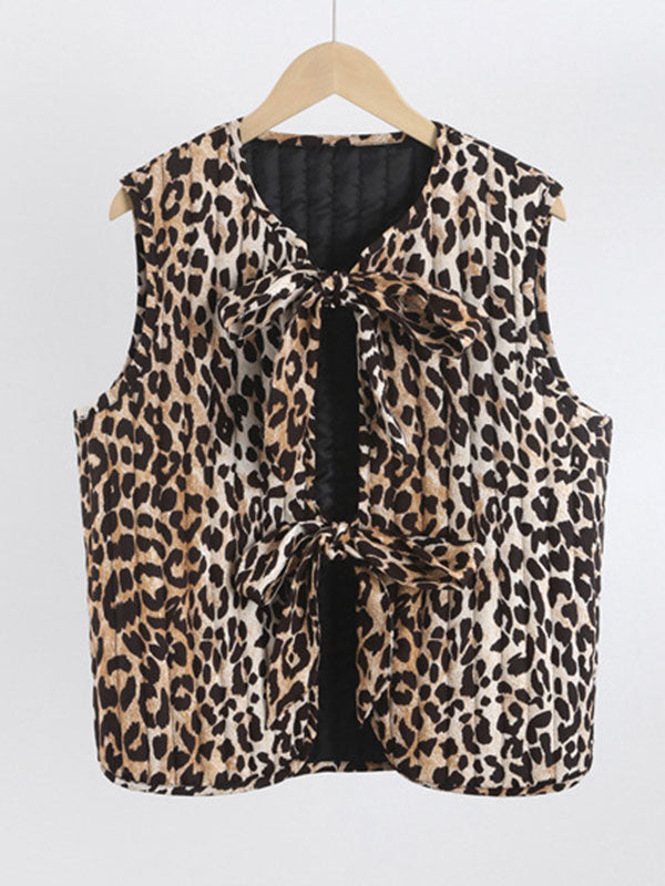 Lace-Up Leopard Split-Joint Loose Sleeveless V-neck Vest Outerwear
