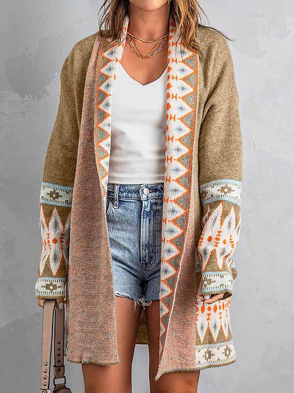 Contrast Color Long Sleeves Loose Collarless Cardigan Tops
