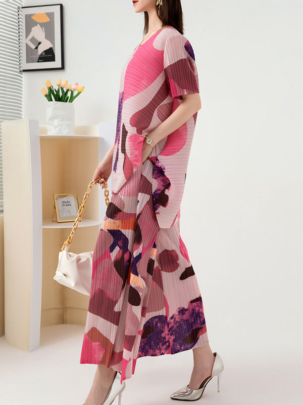 Original Loose Short Sleeves Contrast Color Printed Round-Neck T-Shirt Tops&Wide Legs Pants Two Pieces Set