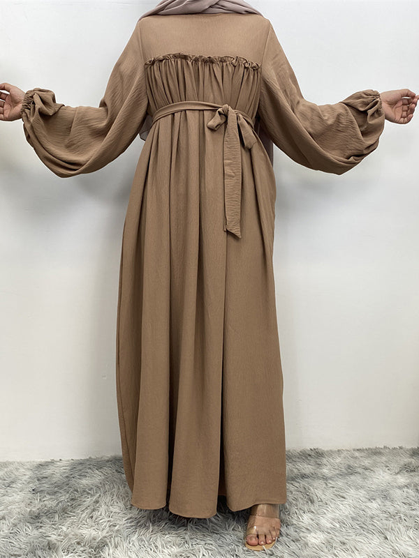 Elasticity Muslim Pleated Solid Color Split-Joint Tied Waist Bishop Sleeve Long Sleeves Round-Neck Maxi Dresses
