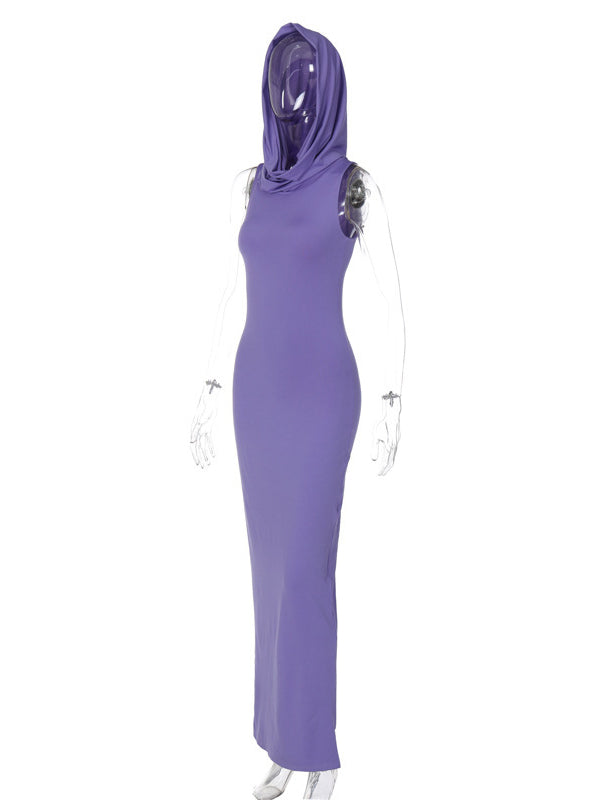 Hooded Solid Color Split-Back Bodycon High Waisted Maxi Dresses