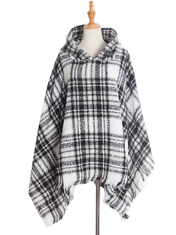Fringed Hooded Keep Warm Plaid Shawl&Cloak Cape
