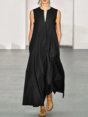 Simple Sleeveless Solid Color V-Neck Maxi Dress