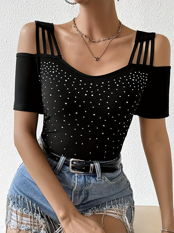 Hollow Rhine Stones Split-Joint Short Sleeves Cold Shoulder T-Shirts Tops