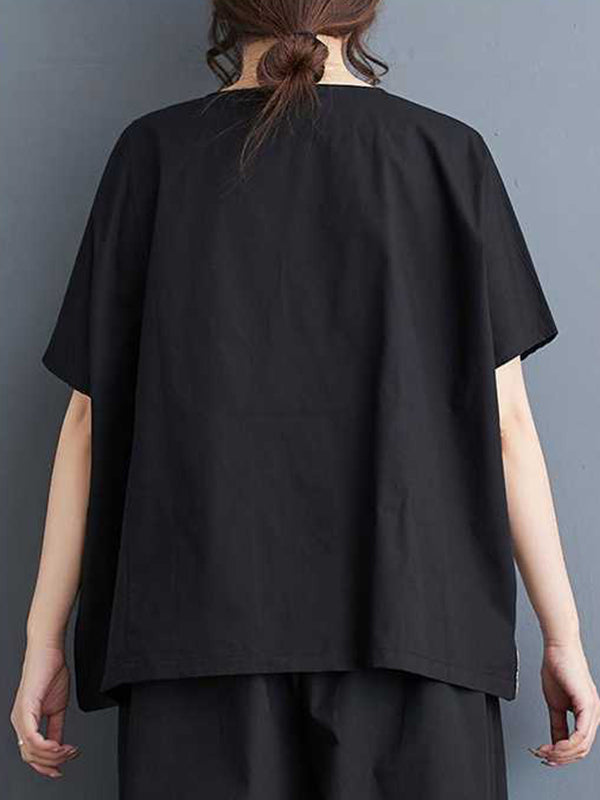 Asymmetric Split-Front Split-Joint Striped Three-Dimensional Flower Loose Short Sleeves Round-Neck T-Shirts Tops
