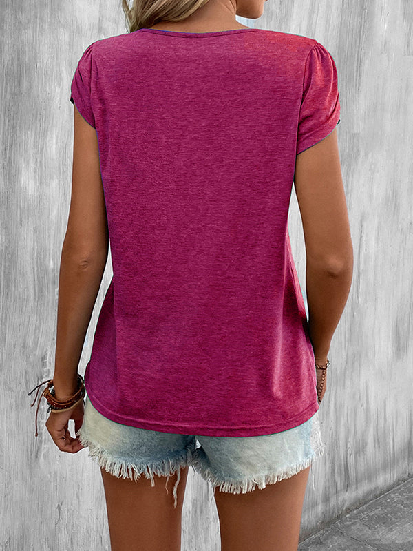 Solid Color Loose Short Sleeves V-neck T-Shirts Tops