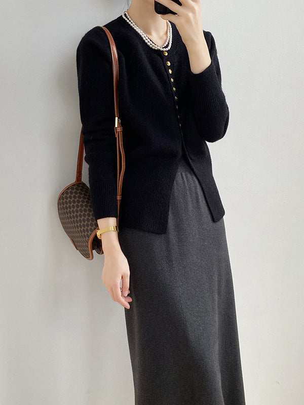 Elegant Long Sleeves Solid Color Round-Neck Cardigan Tops