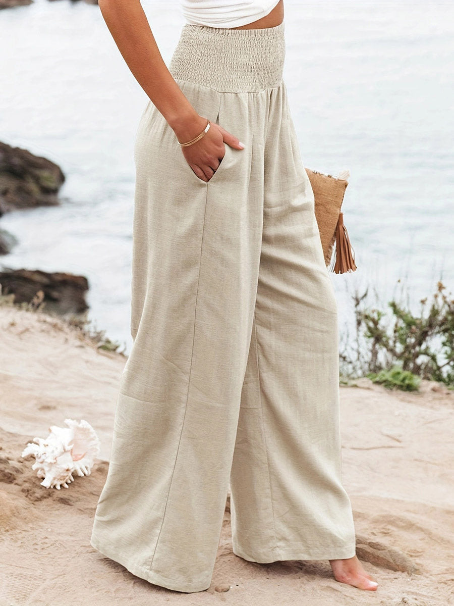 Pleated Pockets Solid Color Split-Joint Elasticated Waist High Waisted Pants