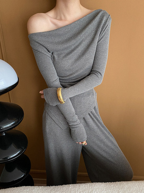 Asymmetric Solid Color Long Sleeves Off-The-Shoulder Shirts Top + High Waisted Pants Bottom Two Pieces Set