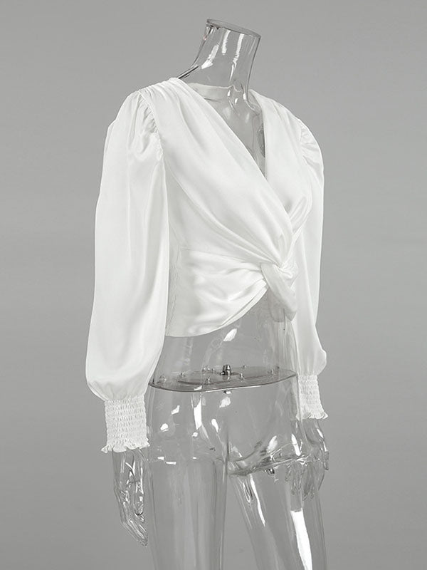 Elasticity Pleated Solid Color Split-Joint Loose Puff Sleeves V-Neck Blouses&Shirts Tops