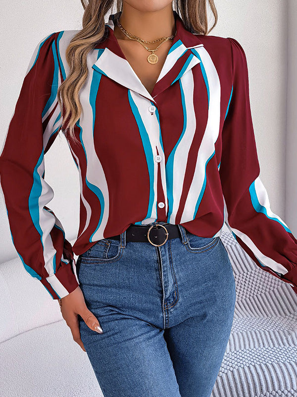Buttoned Contrast Color Printed Long Sleeves Loose Notched Collar Blouses&Shirts Tops