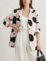 Buttoned Contrast Color Cow Printed Split-Joint Long Sleeves Loose Notched Collar Outerwear Blazer