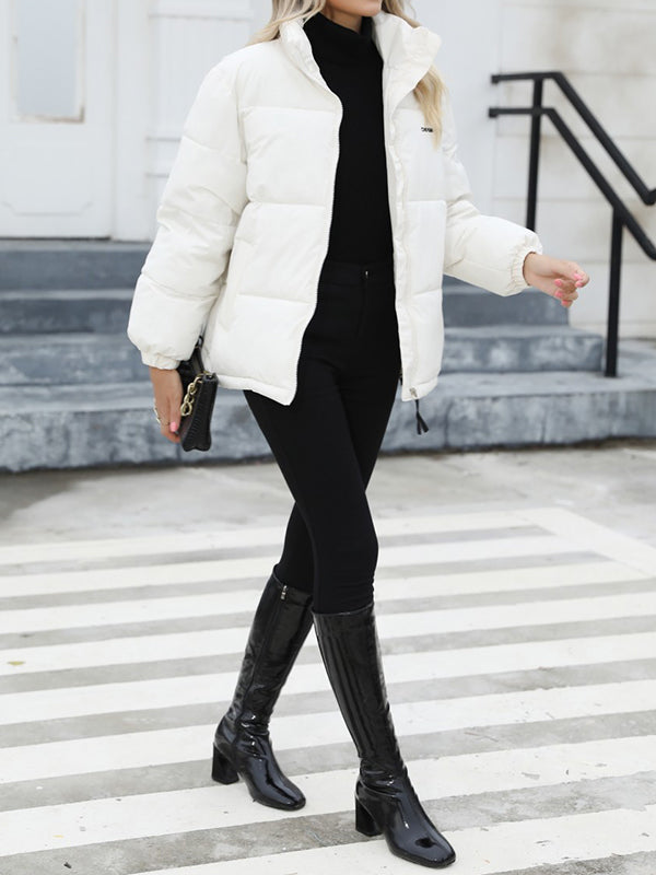 Keep Warm Quilted Solid Color Zipper Long Sleeves Loose High Neck Padded Coat