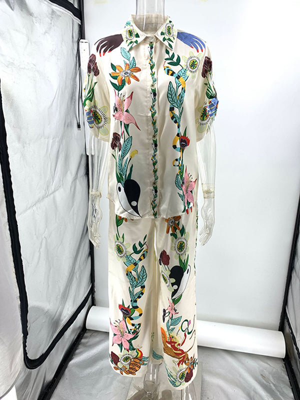 Loose Buttoned Half Sleeves Flower Print Pockets Lapel T-shirt Top + Drawstring Elasticity Pants Bottom Two Pieces Set