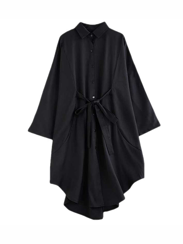Buttoned Pleated Solid Color Split-Joint Tied Batwing Sleeves Long Sleeves Lapel Outerwear Midi Dresses