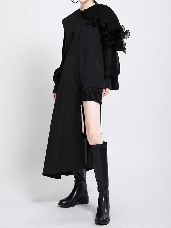 Asymmetric Pleated Solid Color Split-Joint Falbala Long Sleeves Loose Lapel Blouses&shirts Tops