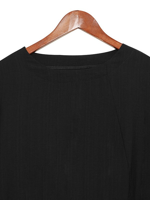 Loose Solid Color Round-Neck Short Sleeves  Tops+ Elasticity Pleated Cropped Pants Two Pieces Set