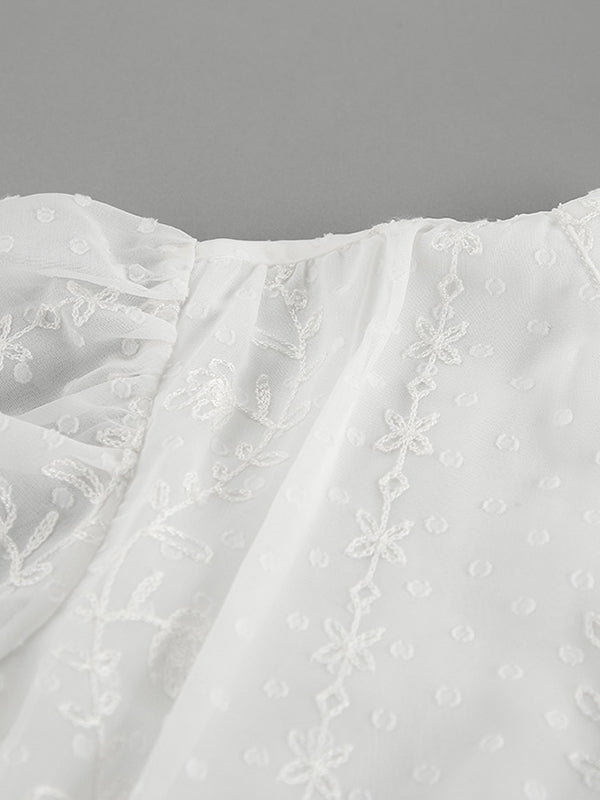 Jacquard Pleated Ruffled See-Through Solid Color Split-Joint Tied Waist Loose Puff Sleeves Stand Collar Mini Dresses