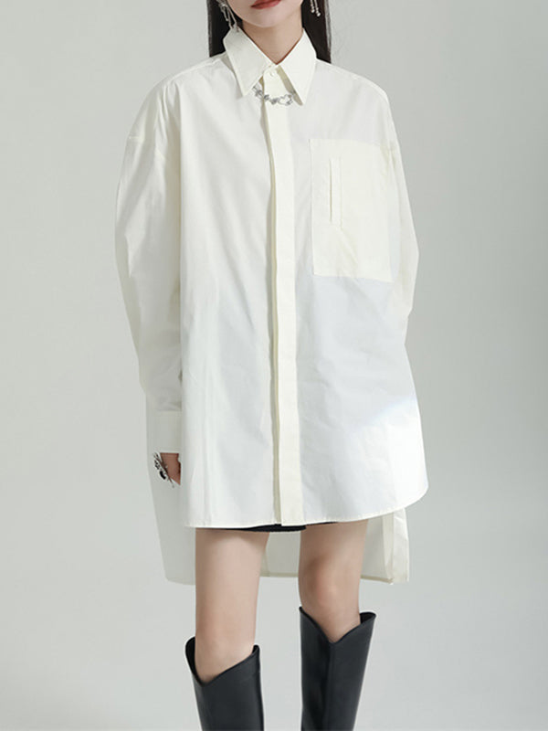 Solid Color Split-side High-low Irregular clipping Lapel Shirts Tops