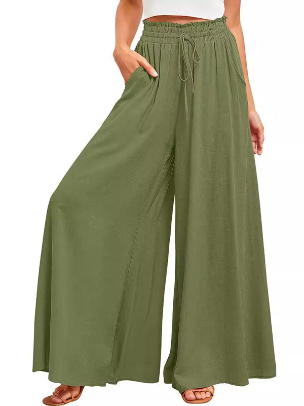 Drawstring Elasticity Pockets Solid Color High Waisted Loose Trousers Pants