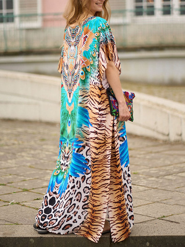 Leopard Split-side Tiger Skin Pattern Batwing Sleeves Loose V-neck Maxi Dresses Beach Cover-Up