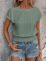 Elasticity Hollow Jacquard Solid Color Loose Short Sleeves Round-Neck T-Shirts Tops