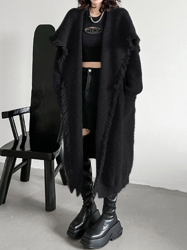 Fringed Pockets Solid Color Long Sleeves Loose V-Neck Cardigan Coats