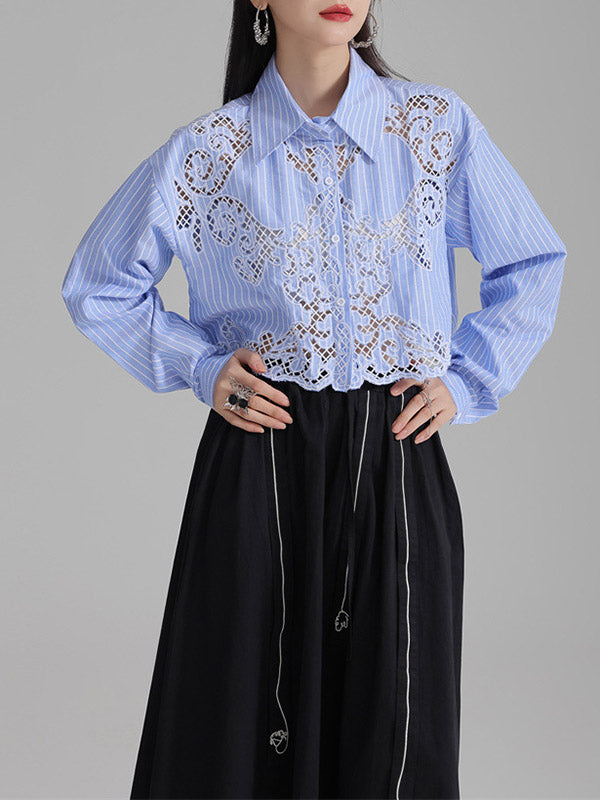 Buttoned Hollow Solid Color Long Sleeves Loose Lapel Blouses&Shirts Tops