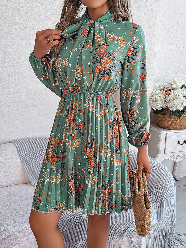 Elasticity Flower Print Pleated Tied Long Sleeves Loose Round-Neck Mini Dresses