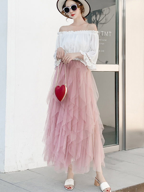 Original Stylish Irregular Mesh Solid Color Skirt