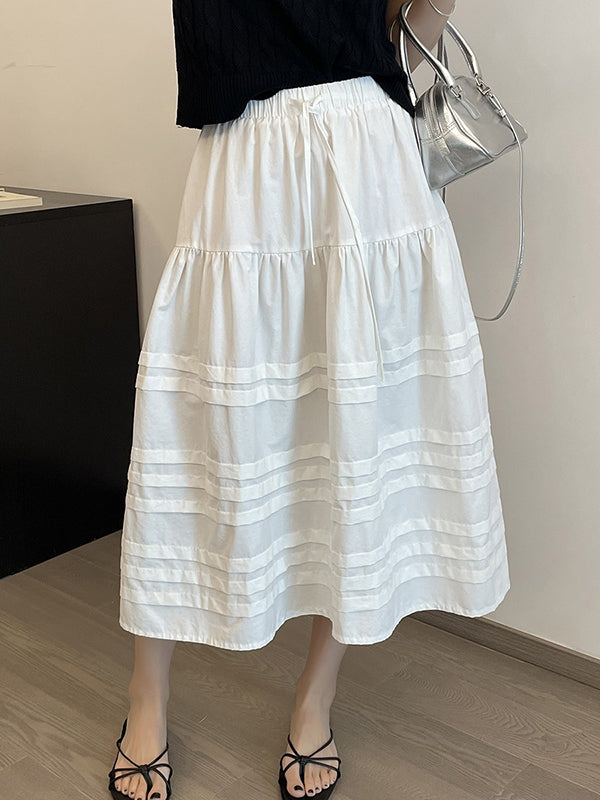 Drawstring Elasticity Pleated See-Through Solid Color Split-Joint A-Line Loose Skirts