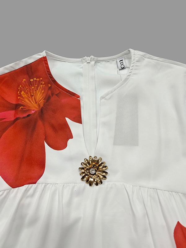 Flower Print Pleated A-Line Loose V-Neck Midi Dresses