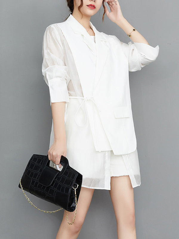 Buttoned Mesh Pockets Solid Color Split-Joint Sun Protection Tied Waist False Two Long Sleeves Notched Collar Outerwear Blazer