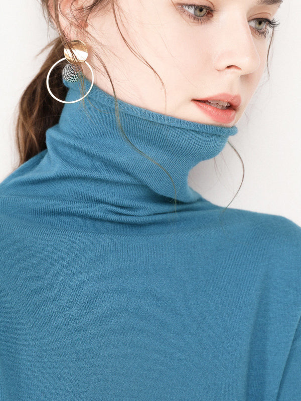Casual Skinny Long Sleeves Solid Color Heaps Collar Sweater Tops Pullovers