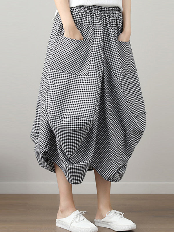 Elasticity Plaid Pleated Pockets High Waisted Irregularity Skirts