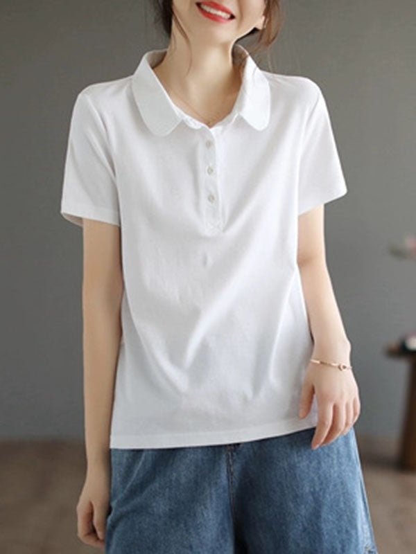 Buttoned Solid Color Short Sleeves Polo T-Shirts Tops