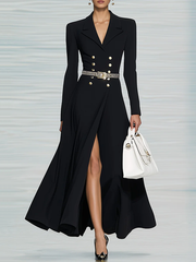 Long Sleeves Buttoned Solid Color Notched Collar Maxi Dresses Shirt Dress