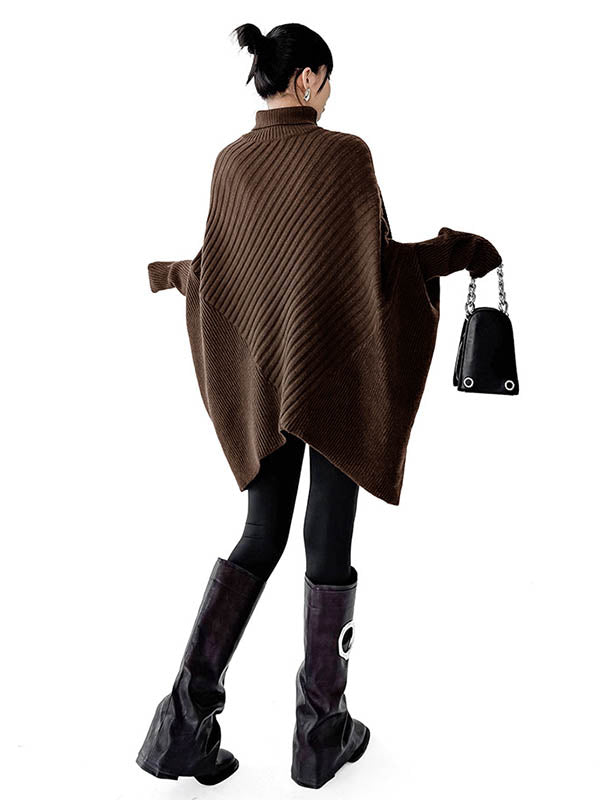 Asymmetric Ribbed Knit Solid Color Split-Joint Batwing Sleeves Irregularity High Neck Sweater Tops