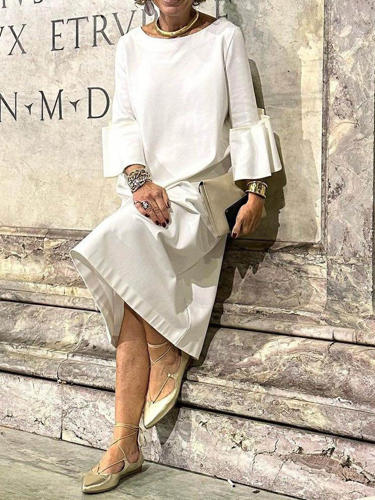 Solid Color Loose Three-quarter Sleeves Round-neck Midi Dresses