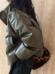 Split-Joint Zipper Loose Puff Sleeves Stand Collar Down Coat