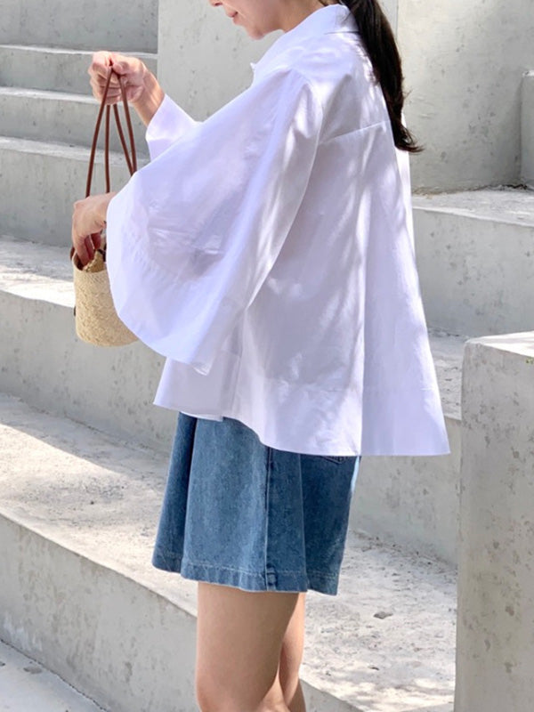 Buttoned Pleated Solid Color A-Line Flared Sleeves Lapel Blouses&Shirts Tops