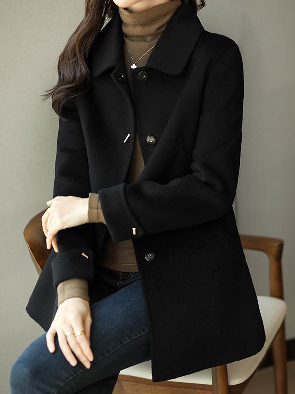 Buttoned Pockets Solid Color Long Sleeves Loose Lapel Woolen Coat