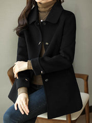 Buttoned Pockets Solid Color Long Sleeves Loose Lapel Woolen Coat