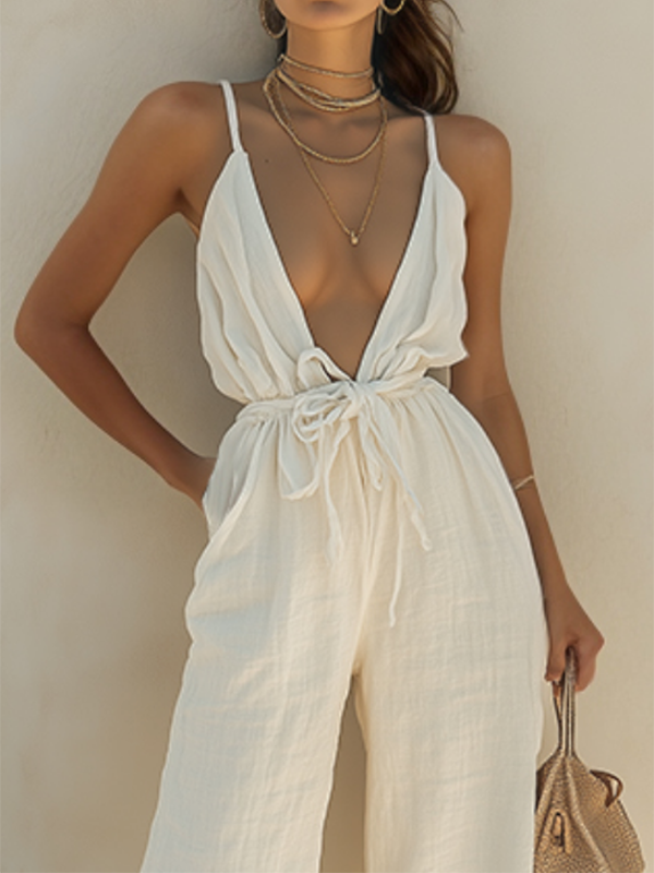 Solid Color Tied Waist Loose Sleeveless Deep V-Neck Jumpsuits