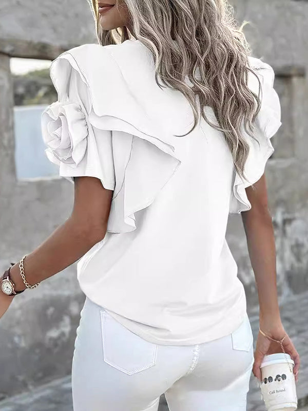 Ruffled Solid Color Three-Dimensional Flower Loose Ruffle Sleeves Round-neck T-Shirts Tops