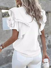 Ruffled Solid Color Three-Dimensional Flower Loose Ruffle Sleeves Round-neck T-Shirts Tops